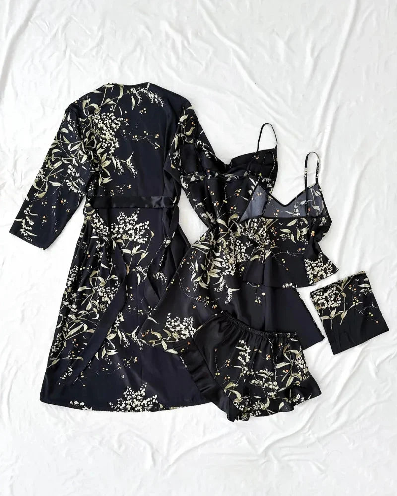 Women’s Satin Floral Pajama Set – Robe, Cami, Shorts, Soft Sleepwear Set