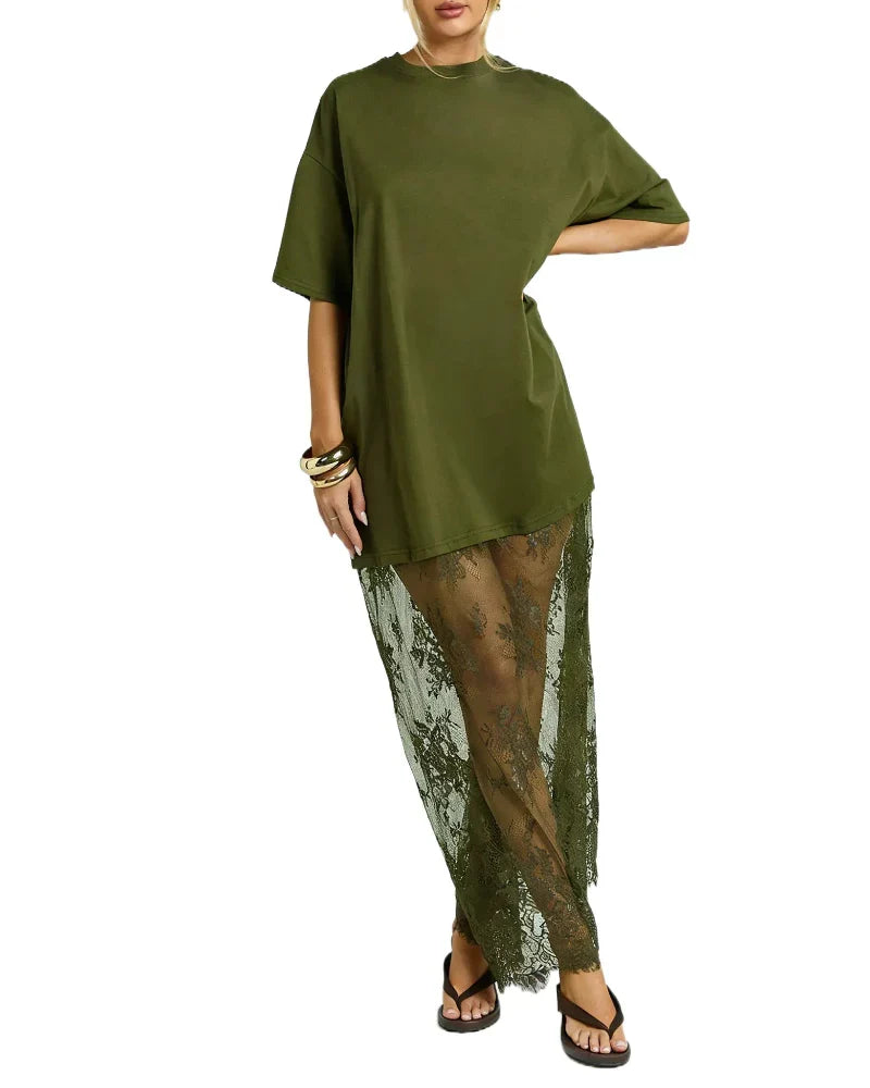 Women's Oversized T-Shirt Maxi Dress with Lace Hem and Drop Shoulders