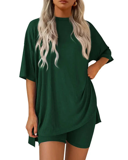 Casual 2-Piece Loungewear Set Oversized Split Hem Top & Fitted Shorts