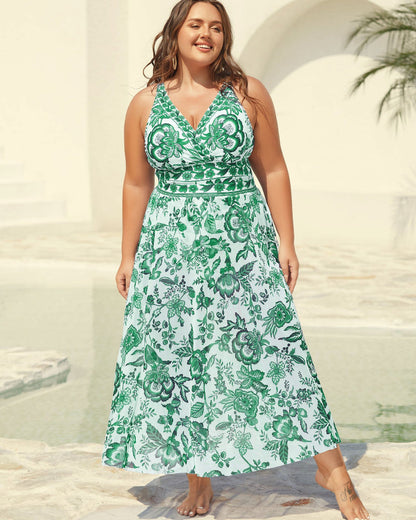 Two-Piece Floral Print Ruched Mesh Swimsuit, Sarong