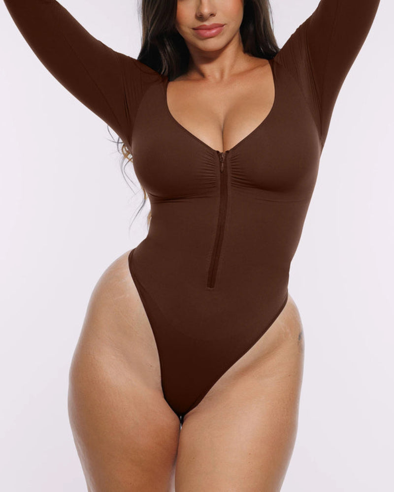 Long Sleeve Zipper Front Thong Bodysuit