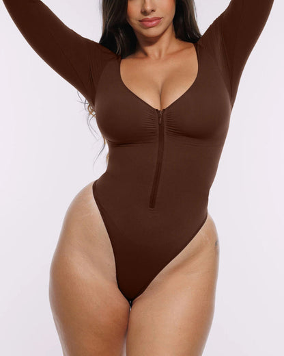 Long Sleeve Zipper Front Thong Bodysuit