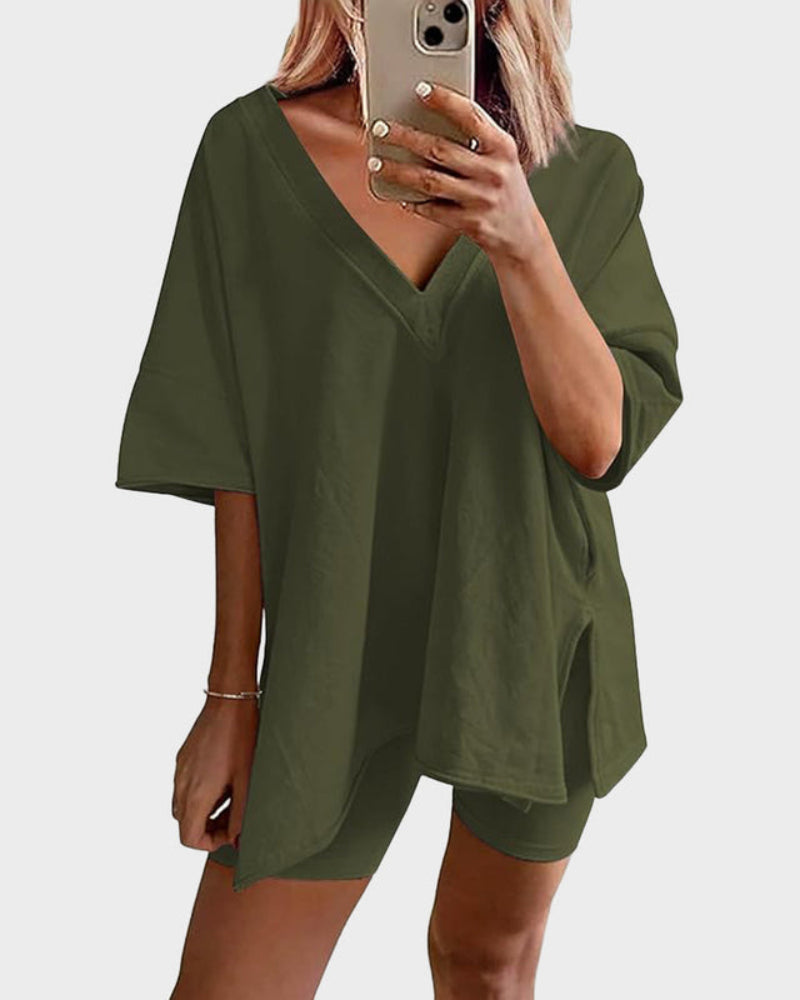Casual 2-Piece Loungewear Set Oversized Split Hem Top & Fitted Shorts