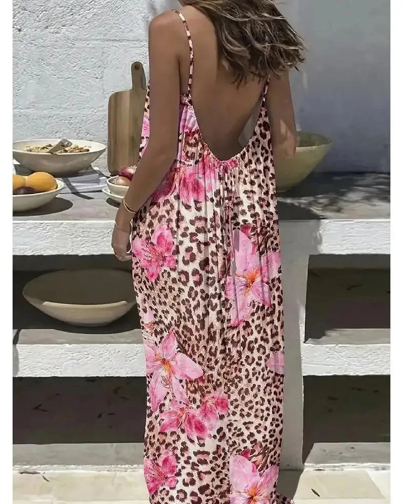 Women’s Backless Maxi Dress Leopard and Stripe Print Sleeveless Summer Dress