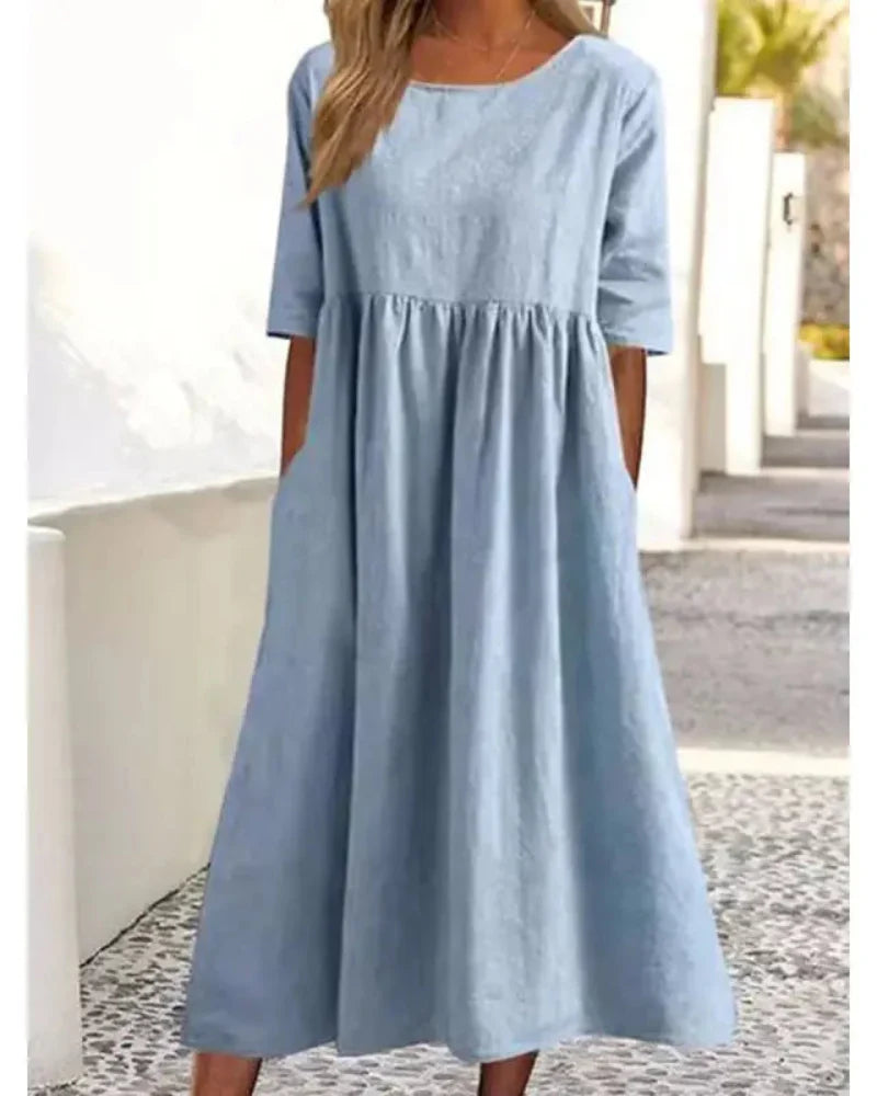 Summer Casual Short Sleeve Pocket Loose Round Neck Dress for Women