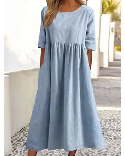 Summer Casual Short Sleeve Pocket Loose Round Neck Dress for Women