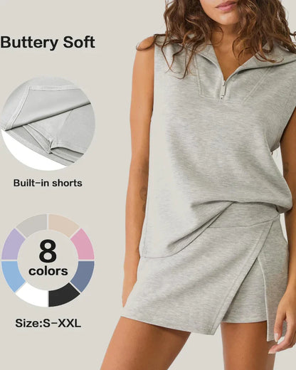 Womens 2 Piece Skirt Set Sleeveless Half Zip Tennis Outfit