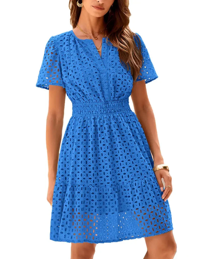 Women V Neck Lace A Line Summer Dress