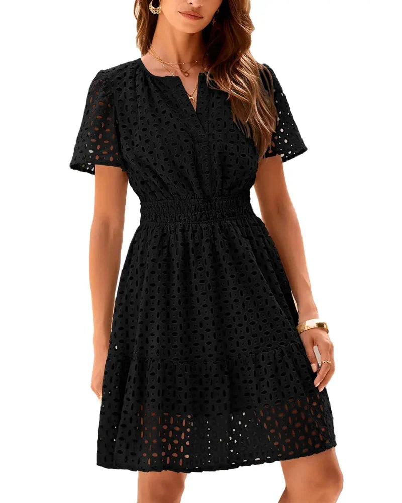 Women V Neck Lace A Line Summer Dress
