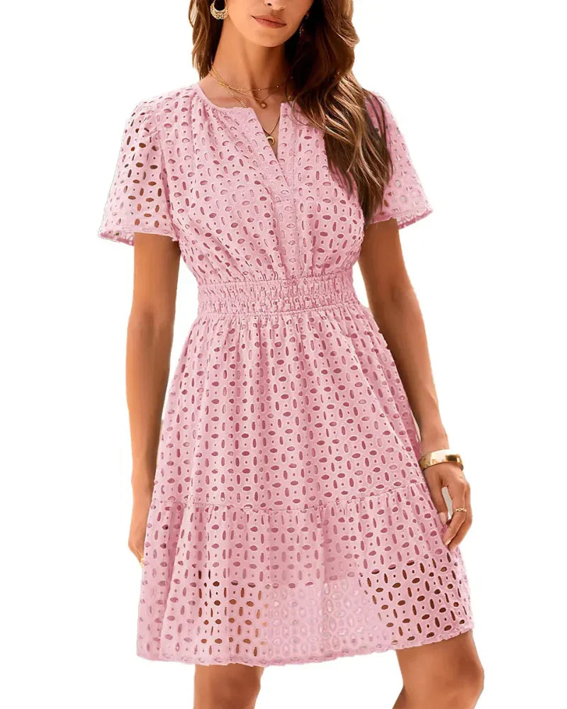 Women V Neck Lace A Line Summer Dress