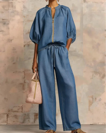 Women’s Lounge Set, Zip Top & Wide Leg Pants 2-Piece Casual Outfit
