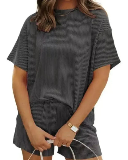Women’s Ribbed Lounge Set Short Sleeve Top & High-Waist Shorts Pajamas