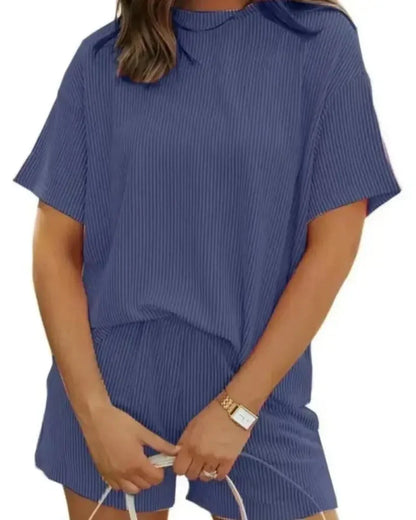 Women’s Ribbed Lounge Set Short Sleeve Top & High-Waist Shorts Pajamas