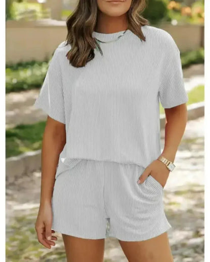 Women’s Ribbed Lounge Set Short Sleeve Top & High-Waist Shorts Pajamas