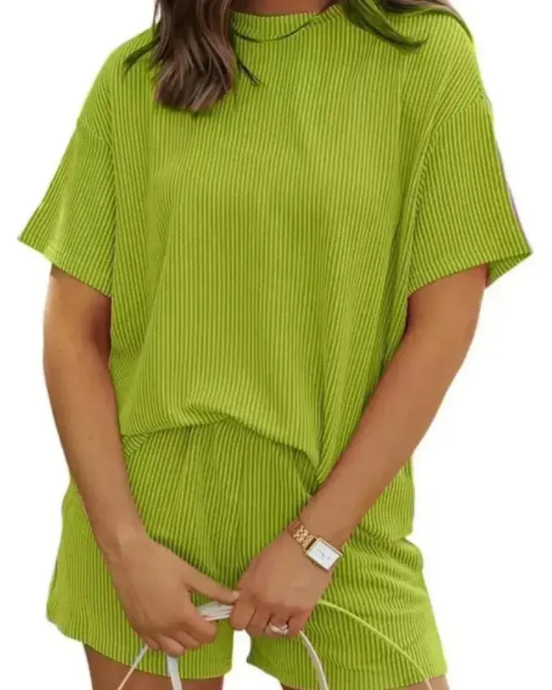 Women’s Ribbed Lounge Set Short Sleeve Top & High-Waist Shorts Pajamas