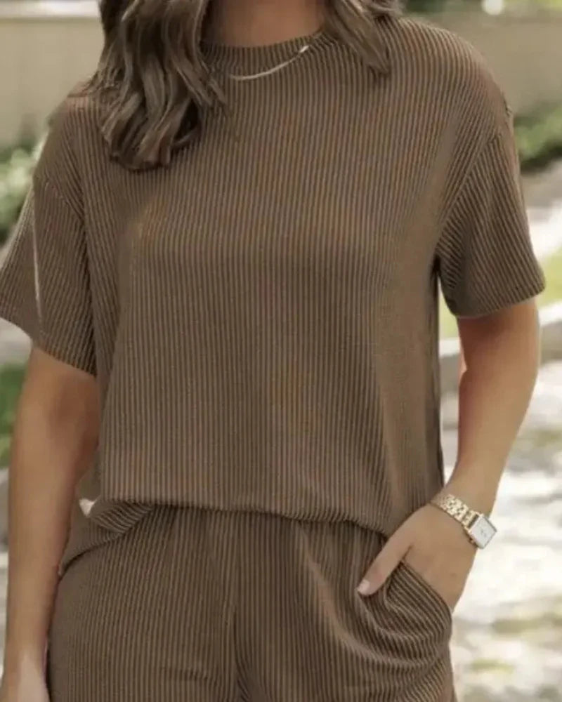 Women’s Ribbed Lounge Set Short Sleeve Top & High-Waist Shorts Pajamas