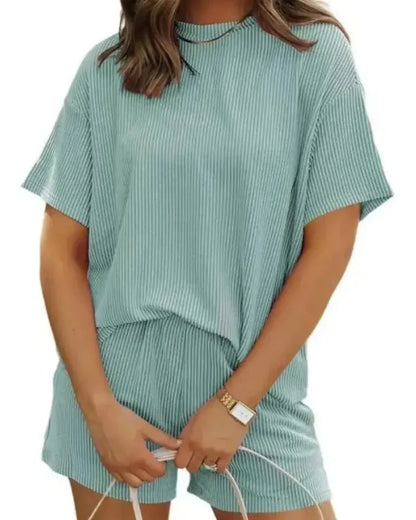 Women’s Ribbed Lounge Set Short Sleeve Top & High-Waist Shorts Pajamas