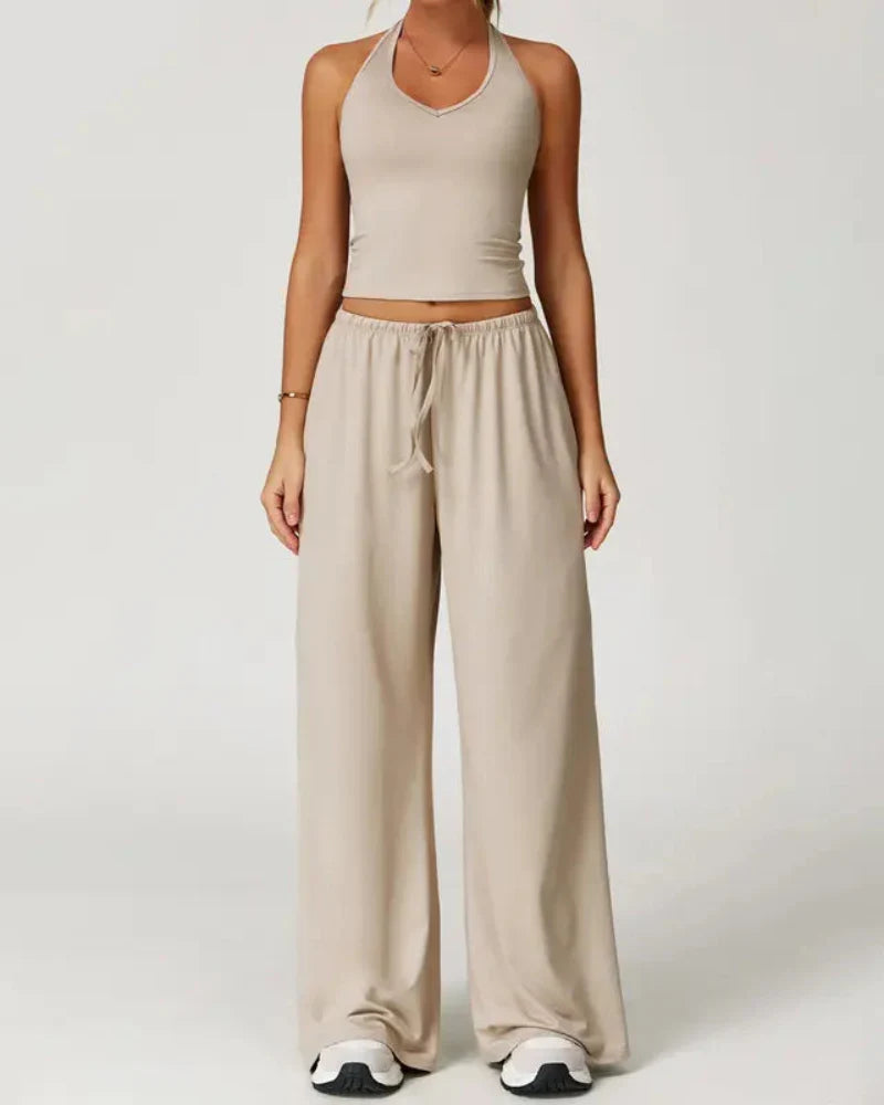 Women’s 2-Piece Lounge Set, V-Neck Top & Wide Leg Pants