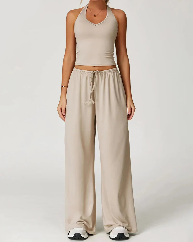 Women’s 2-Piece Lounge Set, V-Neck Top & Wide Leg Pants