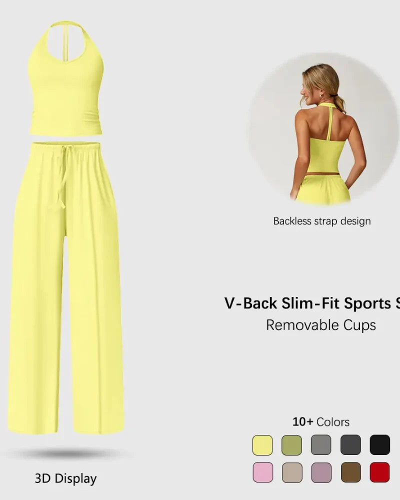 Women’s 2-Piece Lounge Set, V-Neck Top & Wide Leg Pants