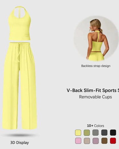 Women’s 2-Piece Lounge Set, V-Neck Top & Wide Leg Pants