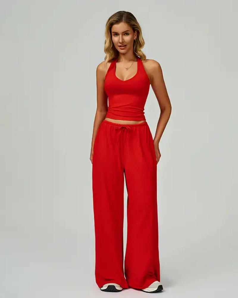 Women’s 2-Piece Lounge Set, V-Neck Top & Wide Leg Pants