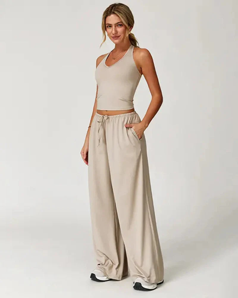 Women’s 2-Piece Lounge Set, V-Neck Top & Wide Leg Pants