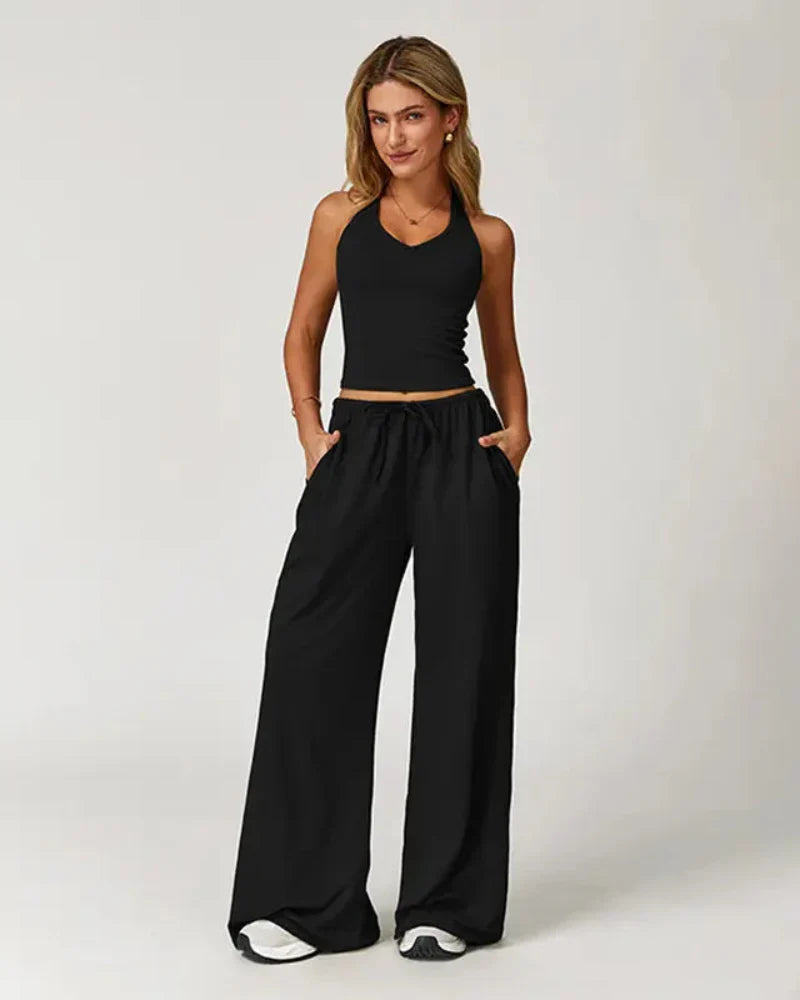 Women’s 2-Piece Lounge Set, V-Neck Top & Wide Leg Pants
