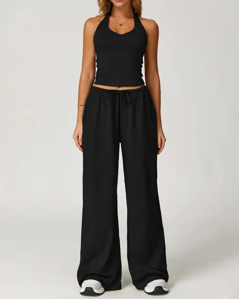 Women’s 2-Piece Lounge Set, V-Neck Top & Wide Leg Pants