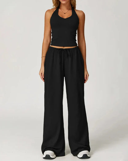 Women’s 2-Piece Lounge Set, V-Neck Top & Wide Leg Pants