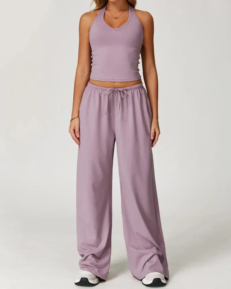 Women’s 2-Piece Lounge Set, V-Neck Top & Wide Leg Pants