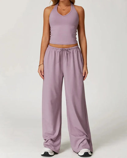 Women’s 2-Piece Lounge Set, V-Neck Top & Wide Leg Pants