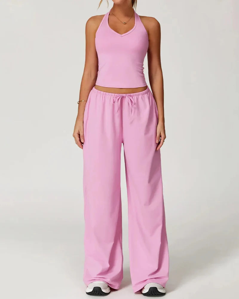 Women’s 2-Piece Lounge Set, V-Neck Top & Wide Leg Pants