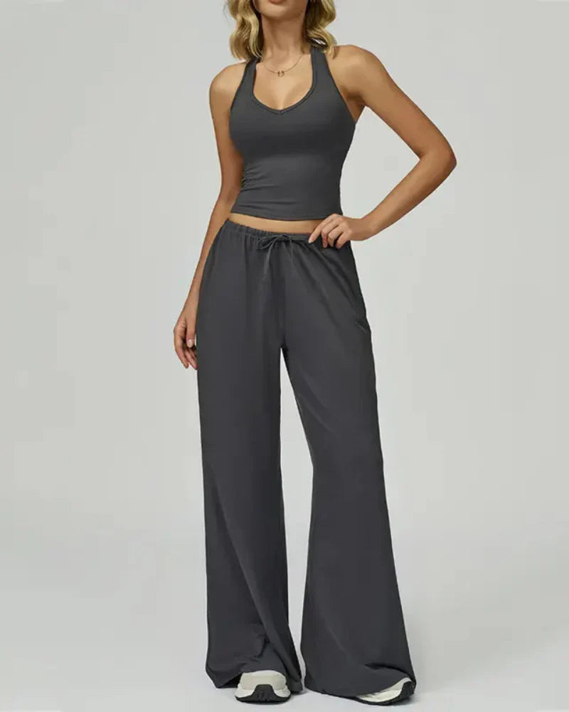 Women’s 2-Piece Lounge Set, V-Neck Top & Wide Leg Pants