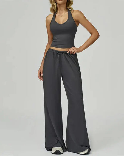 Women’s 2-Piece Lounge Set, V-Neck Top & Wide Leg Pants