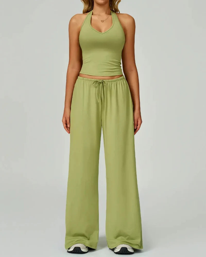 Women’s 2-Piece Lounge Set, V-Neck Top & Wide Leg Pants