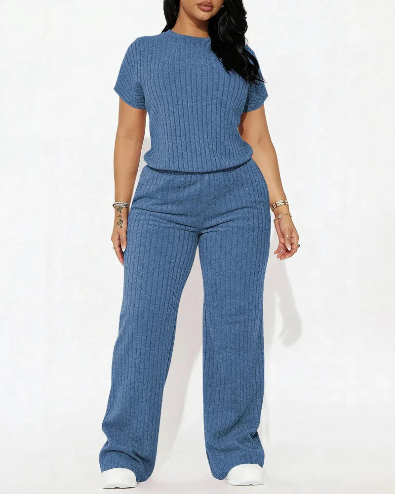 Women’s Ribbed Set – Top & Wide-Leg Pants, Casual Wear