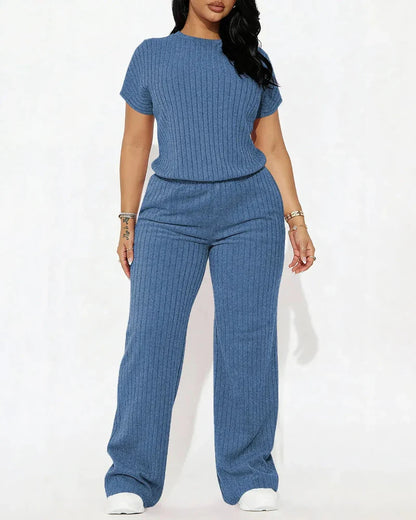 Women’s Ribbed Set – Top & Wide-Leg Pants, Casual Wear
