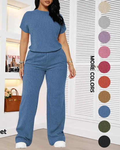 Women’s Ribbed Set – Top & Wide-Leg Pants, Casual Wear