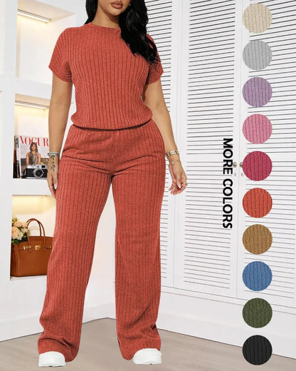 Women’s Ribbed Set – Top & Wide-Leg Pants, Casual Wear