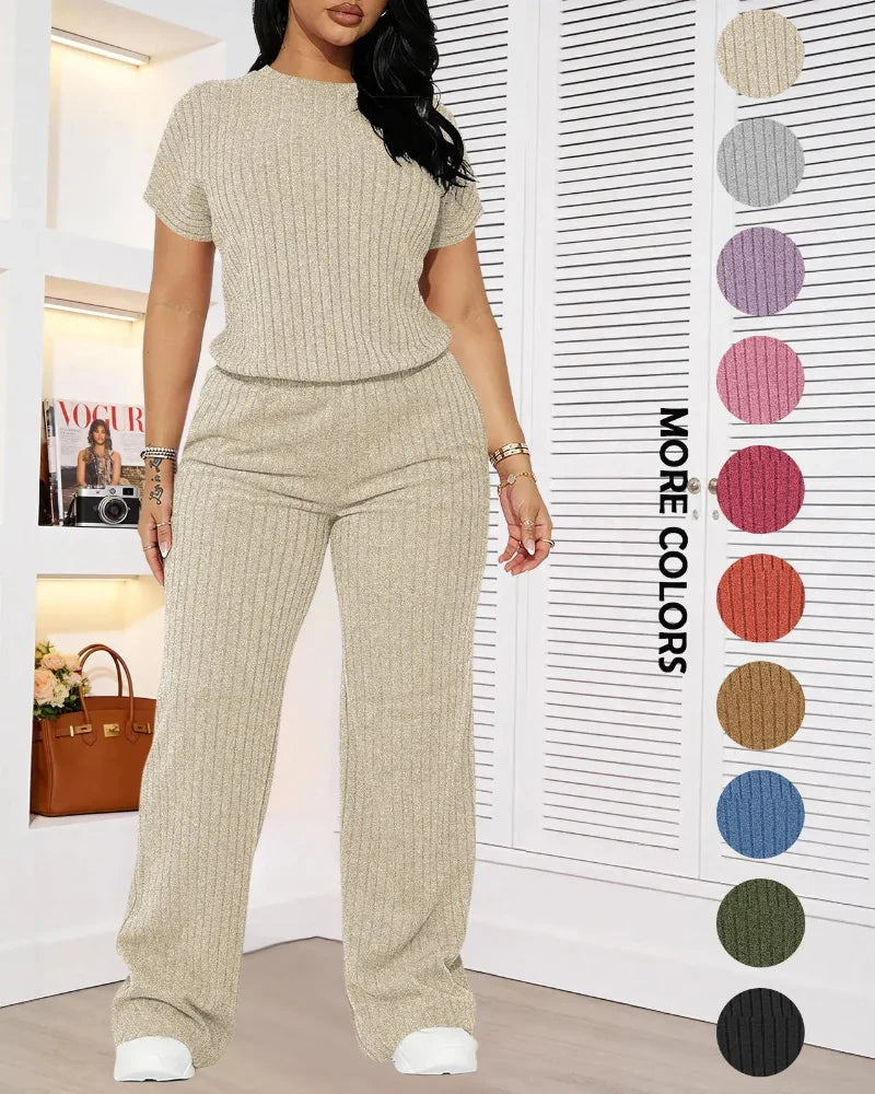 Women’s Ribbed Set – Top & Wide-Leg Pants, Casual Wear