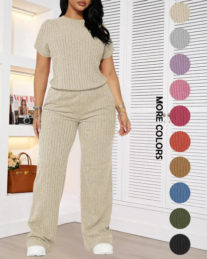 Women’s Ribbed Set – Top & Wide-Leg Pants, Casual Wear