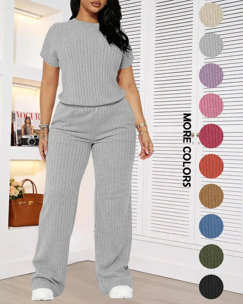 Women’s Ribbed Set – Top & Wide-Leg Pants, Casual Wear