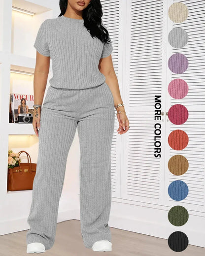 Women’s Ribbed Set – Top & Wide-Leg Pants, Casual Wear