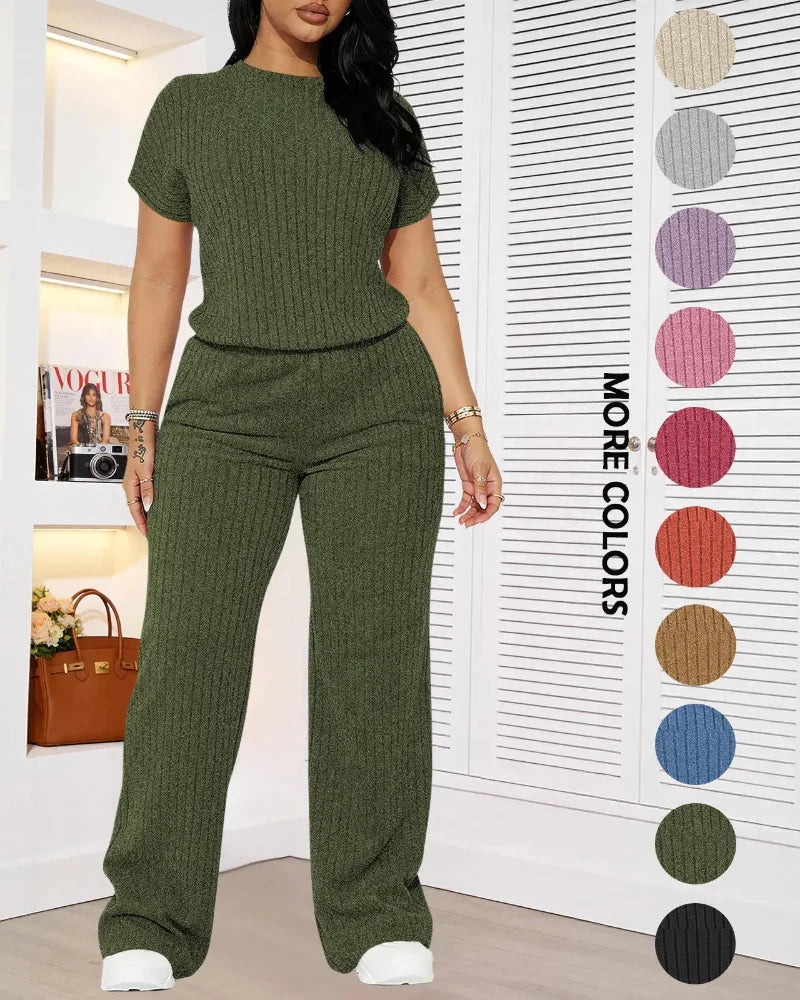 Women’s Ribbed Set – Top & Wide-Leg Pants, Casual Wear