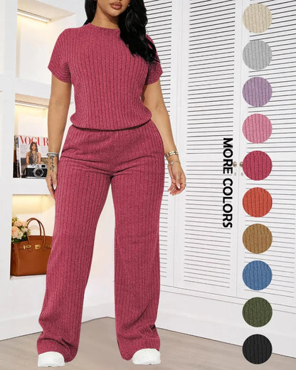 Women’s Ribbed Set – Top & Wide-Leg Pants, Casual Wear