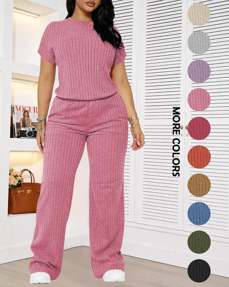 Women’s Ribbed Set – Top & Wide-Leg Pants, Casual Wear