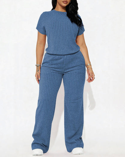 Women’s Ribbed Set – Top & Wide-Leg Pants, Casual Wear