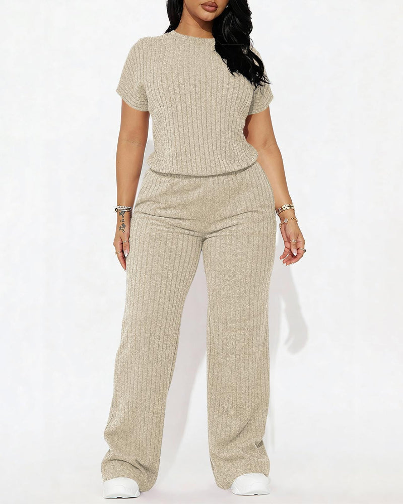 Women’s Ribbed Set – Top & Wide-Leg Pants, Casual Wear
