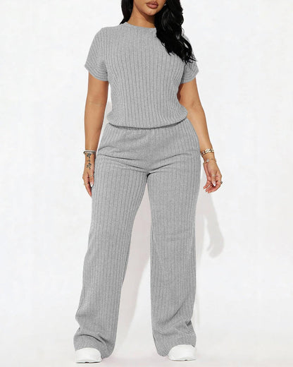Women’s Ribbed Set – Top & Wide-Leg Pants, Casual Wear